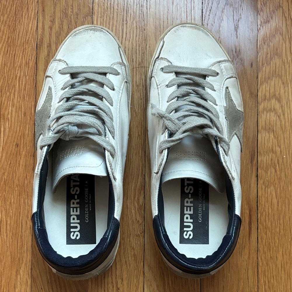 Golden Goose White and Navy Superstar Sneakers